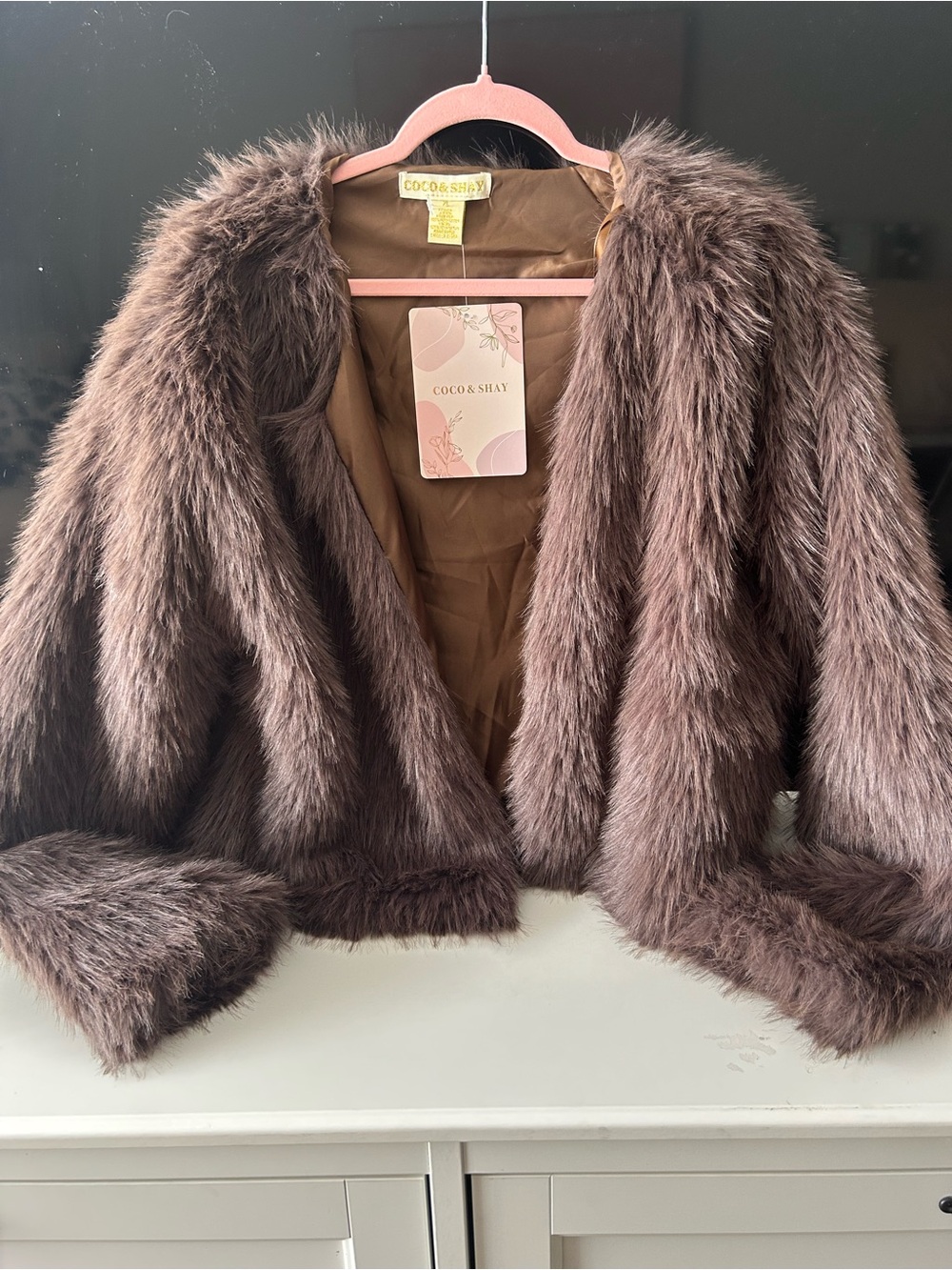 NWT Brown Faux Fur Open Front Cropped Jacket